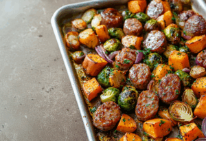 Sheet Pan Maple Dijon Sausage & Fall Veggies